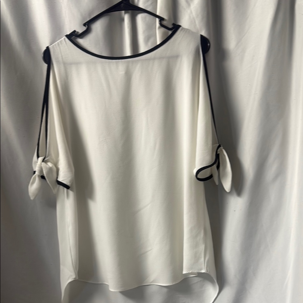 Title: Spense Elegant White Cold Shoulder Blouse with Black Contrast Trim